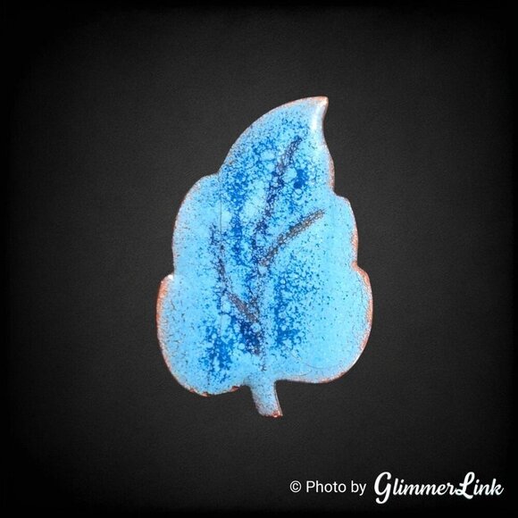 Vintage Blue Leaf Enamel Copper Nature Themed Brooch Pin - Picture 3 of 7